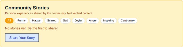 Community Stories section with emotion filter buttons and disclaimer