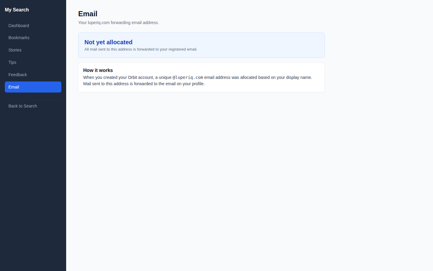 Email page showing @luperiq.com forwarding address status