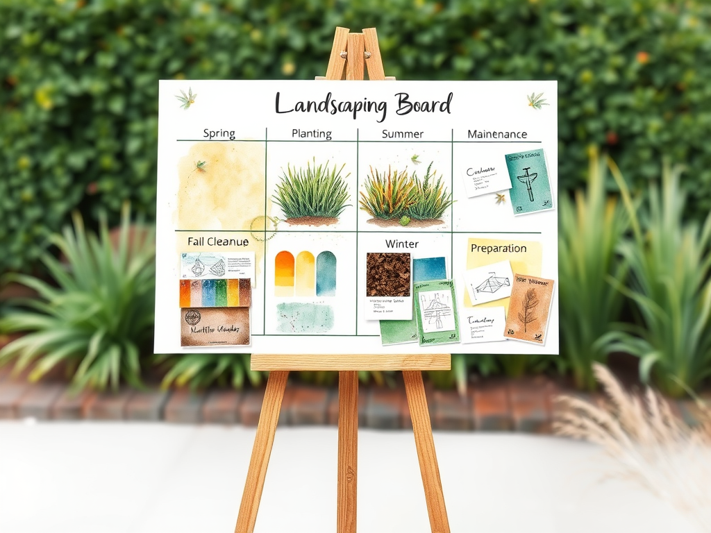 Watercolor seasonal planning board for a landscaping website content strategy
